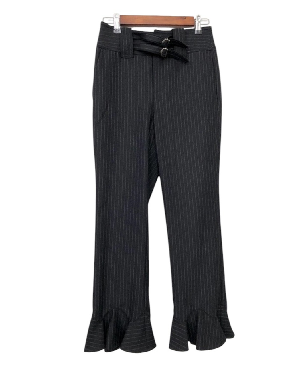 Rebecca Taylor Black Pinstripe
Ruffle Hem Wool Trousers Double
Buckle Waist 12 - Picture 7 of 8